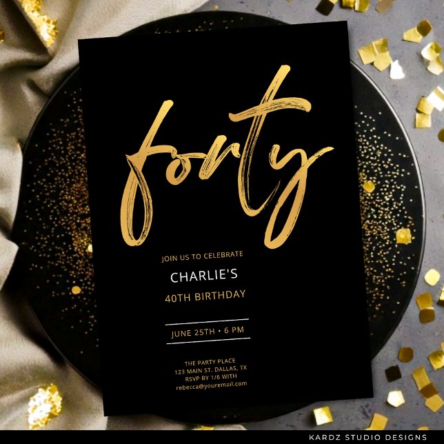 Convites Aniversário de 40 anos Dourado mínimo moderno (FAUX gold invite shown in 5 x 7 inches with square corners. Choose corners, paper style, and size.)