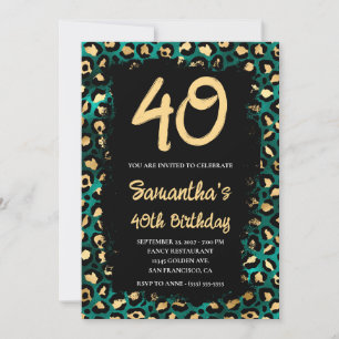Convites Aniversário de 40 anos Dourado Teal Leopardo Pinta
