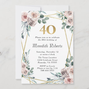 Convites aniversário de 40 anos Dusty Rosa Floral Eucalyptu