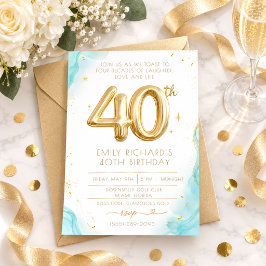 Convites Aniversário de 40 anos Elegant Aqua Marble Gold Gl