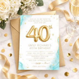Convites Aniversário de 40 anos Elegant Aqua Marble Gold Gl