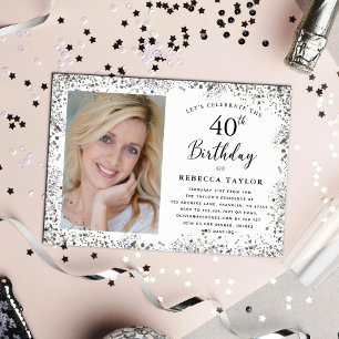 Convites Aniversário de 40 anos Elegante Brilho Prata