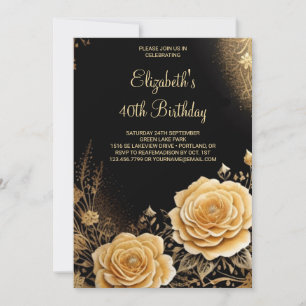 Convites Aniversário de 40 anos Elegante Dourado de Flor Mo