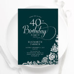 Convites aniversário de 40 anos Elegante Rosas Emerald Gree<br><div class="desc">Simples convite de festas elegante em verde esmeralda e prata. Design clássico com rosas, folha prateada falsa e letra de script de tipografia. A Trendy convida o cartão perfeito para uma festa de na moda. Personalize com seus próprios detalhes. Pode ser personalizado para qualquer idade. Impressos convites Zazzle ou modelo...</div>