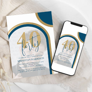 Convites Aniversário de 40 anos em Azul e Dourado Retro Fot