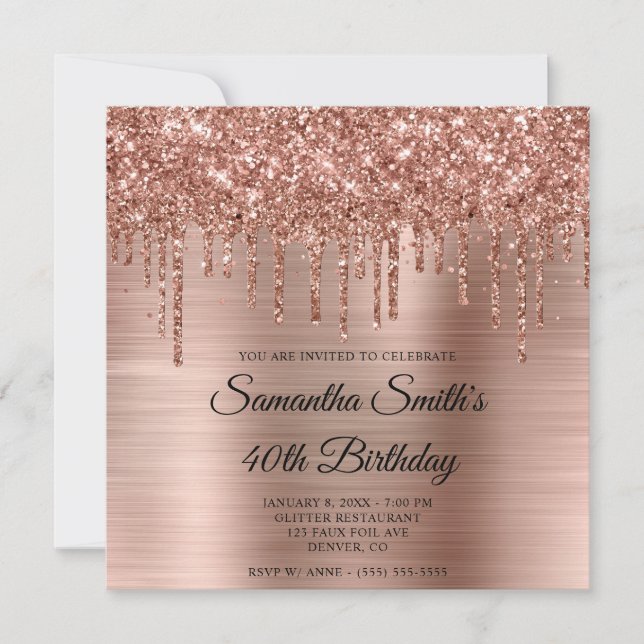 Convites Aniversário de 40 anos em Rose Gold com Glitter e  (Frente)