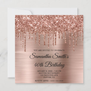 Convites Aniversário de 40 anos em Rose Gold com Glitter e
