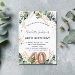 Convites aniversário de 40 anos eucalyptus greenery glitter<br><div class="desc">Para uma festa de aniversário de 40 anos. Um fundo branco decorado com verde de eucalipto e folhas de ouro. Pontos de brilho falsos do ouro. Personalize e adicione seus nomes e detalhes do casamento. Letras pretas e ouros coloridas. O número 40 é escrito com a fonte do estilo do...</div>