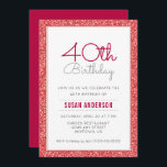 Convites aniversário de 40 anos Faux Red Glitter<br><div class="desc">Este simples e elegante convite de festas aniversário de 40 anos apresenta uma borda vermelha falsa e brilhante. O texto personalizado permite adicionar os detalhes do convite.</div>
