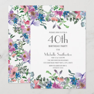 Convites Aniversário de 40 anos feminino floral roxo azul