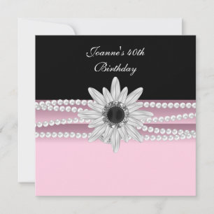 Convites Aniversário de 40 anos Flor Pérola Rosa Preto Bran