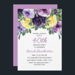 Convites Aniversário de 40 anos Floral Amarelo-Púrpura Eleg<br><div class="desc">Convite de festas botânico elegante para mulheres com bonito flores roxas e amarelas das aquarelas e com verde-verde. Personalizado com seu próprio texto.</div>