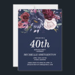 Convites Aniversário de 40 anos Floral Azul-Borgonha Marinh<br><div class="desc">Convite de festas azul-aniversário de 40 anos elegante para mulheres com flores de jangada e branca. Entre em contato comigo para obter assistência com a personalização ou para solicitar correspondência ou coordenação de produtos Zazzle.</div>