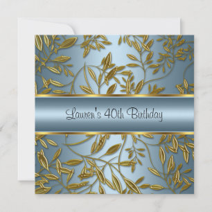 Convites Aniversário de 40 anos Floral Azul Dourado Elegant