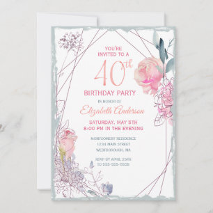Convites aniversário de 40 anos Floral Blush Rosa de Water