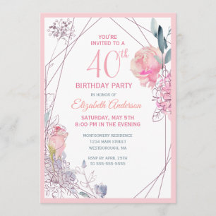 Convites aniversário de 40 anos Floral Blush Rosa de Water