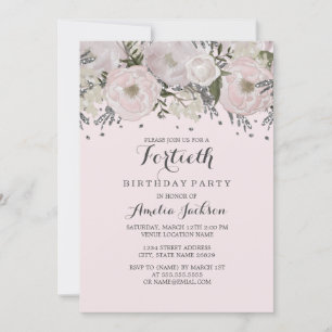 Convites aniversário de 40 anos Floral bonito Prateado Rosa
