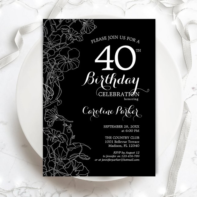 Convites Aniversário de 40 anos Floral Branco Preto (Criador carregado)