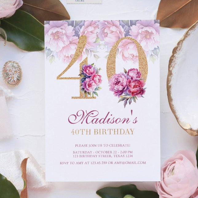 Convites Aniversário de 40 anos Floral cor-de-rosa Dourada, (Criador carregado)