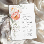 Convites Aniversário de 40 anos Floral Coral Feminina<br><div class="desc">Celebrar um estilo aniversário de 40 anos em feminino com este elegante convite de festas floral de aquarela com pêssego coral e marfim com verde-direita. Personalize o modelo de texto com os detalhes do evento. Este convite está disponível em formatos digitais de download impressos e instantâneos para sua conveniência.</div>