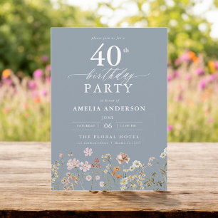 Convites Aniversário de 40 anos Floral de flor selvagem azu