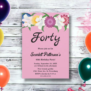 Convites Aniversário de 40 anos Floral de Rosas Rosa Blush