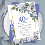 Convites Aniversário de 40 anos Floral Dourado Branco Azul<br><div class="desc">Honra uma mulher especial com este convite de festas elegante e feminina. O 40º está escrito em grande texto azul. A comemoração de aniversário segue. O nome do convidado também está em letras azuis. O resto do texto é cinza de pomba mole. Os detalhes da comemoração de aniversário são cercados...</div>