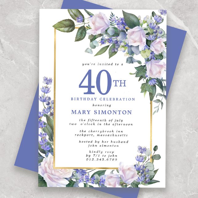 Convites Aniversário de 40 anos Floral Dourado Branco Azul (Criador carregado)