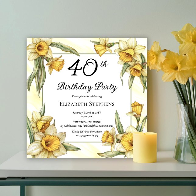 Convites Aniversário de 40 anos Floral Elegante Amarelo (Elegant Yellow Daffodils Floral 40th Birthday Party Invitation -- Print | Download)