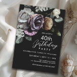 Convites Aniversário de 40 anos Floral Elegante Preto e Rox<br><div class="desc">Comemore em estilo com este elegante Convite para aniversário de 40 anos com flores luxuosas de crepúsculo em cores mistas. Concebido para cativar, este convite apresenta um arranjo luxuoso de florais ricamente coloridos — incluindo rosas, ranúnculos, dahlias, snapdragões, mães e peônias — numa paleta de púrpura profunda, lilases moles, brancos...</div>