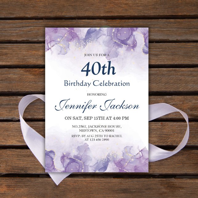 Convites Aniversário de 40 anos floral elegante roxo e dour (Criador carregado)