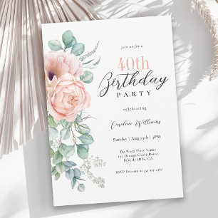 Convites Aniversário de 40 anos Floral em Aquarela Rosa e B