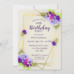 Convites Aniversário de 40 anos Floral Geométrico Pansy