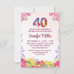 Convites Aniversário de 40 anos Floral - Pastel Elegante 40
