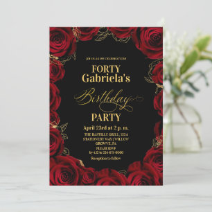Convites Aniversário de 40 anos Floral Preto Vermelho Doura