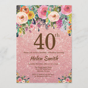 Convites aniversário de 40 anos Floral Rosa Rosa Dourado B