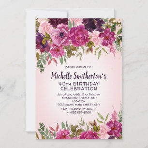 Convites Aniversário de 40 anos Floral Rosa Roxo