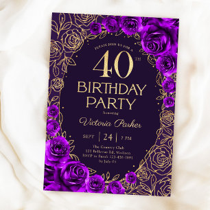 Convites Aniversário de 40 anos Floral Roxo Dourado