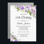 Convites Aniversário de 40 anos Floral Roxo Silver Sparkle<br><div class="desc">Convites florais mais bonito na Loja Little Bayleigh!</div>