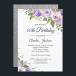 Convites Aniversário de 40 anos Floral Roxo Silver Sparkle<br><div class="desc">Convites florais mais bonito na Loja Little Bayleigh!</div>
