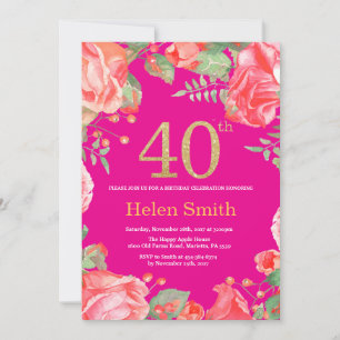 Convites aniversário de 40 anos Floral Vermelho Dourado Br