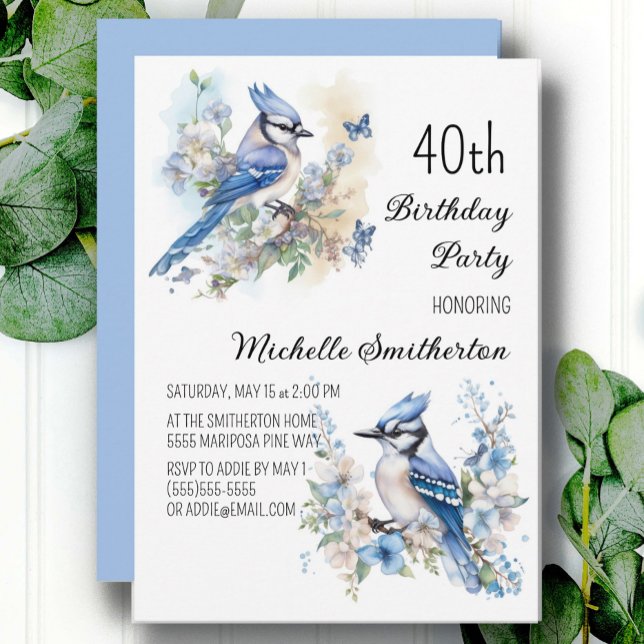 Convites Aniversário de 40 anos Flores de Pássaro Azul Prim (Blue jay and butterflies 40th birthday party customizable invitation for women)