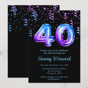 Convites aniversário de 40 anos Galaxy Balões com Confetti
