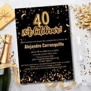 Convites Aniversário de 40 anos Glam Black e Dourado Confet