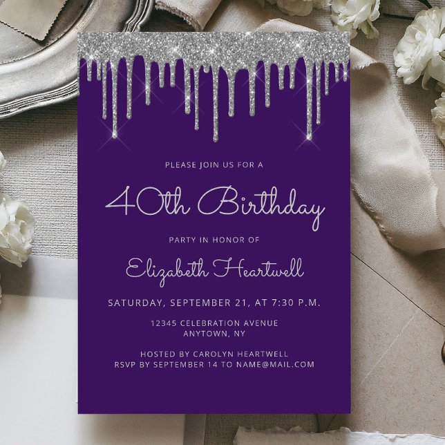Convites Aniversário de 40 anos Glam Purple Silver Glitter  (Criador carregado)