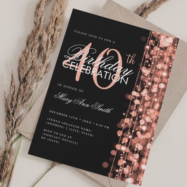 Convites Aniversário de 40 anos Glam Sparkles Elegante Rosa (Elegant 40th Birthday Glam Sparkles Rose Gold Invitation)