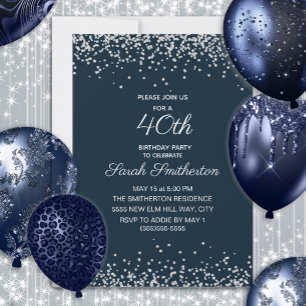 Convites Aniversário de 40 anos Glitter Diamante Azul Marin
