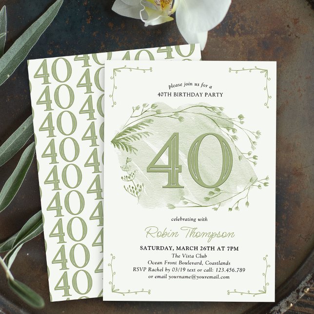 Convites aniversário de 40 anos Green Dacil Wildflower núme (40th Birthday Invitation - buy professionally printed or as digital download for printing or sharing)