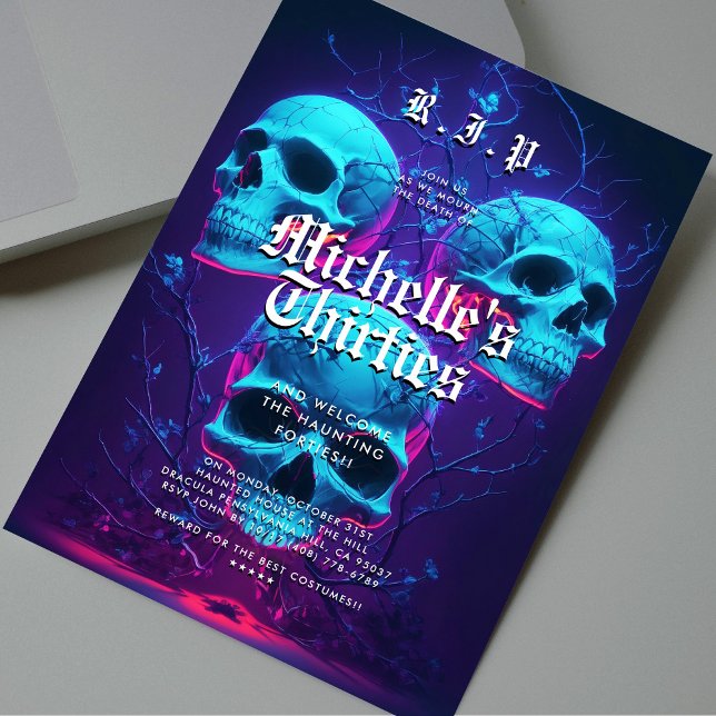 Convites aniversário de 40 anos Halloween Party Neon Skull  (40th Halloween Birthday Party Neon Skull Modern Invitation
)