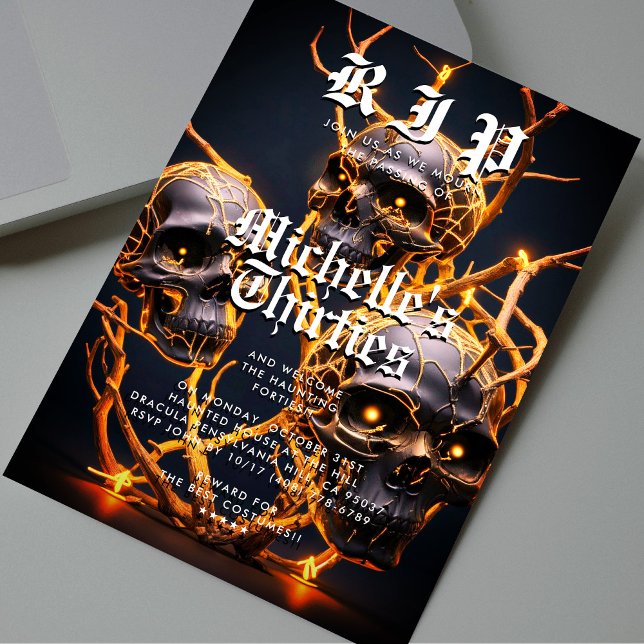 Convites aniversário de 40 anos Halloween Party RIP 30 Skul (40th Birthday Halloween Party RIP 30 Skull Modern Invitation
)